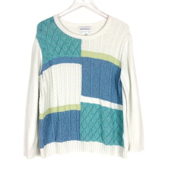 Alfred Dunner Color-Blocked Mixed Stitch Grannycore Knit Crewneck Sweater - Picture 1 of 12